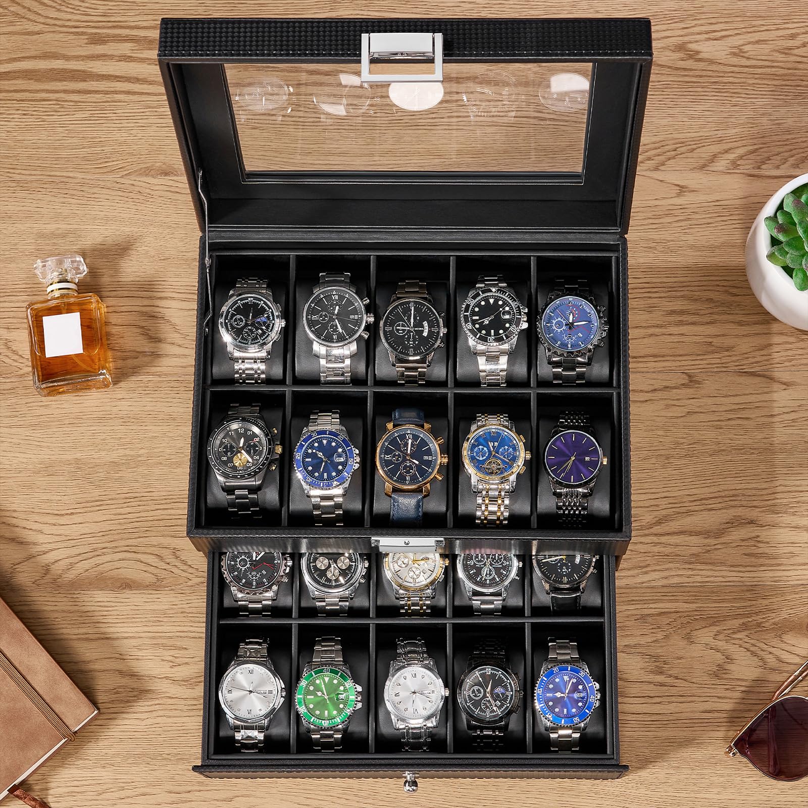 BEWISHOME Watch Case, 20-Slot Watch Box Organizer for Men Watch Case with Large Glass Lid Watch Travel Case Removable Watch Pillows, Mens Jewelry Box Watch Display Case, Watch Storage, Black SSH04C