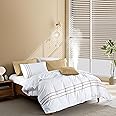 MengBoo Duvet Cover Set 3 pcs(1 Duvet Cover+2 Pillowcases) 100% Cotton Sateen Woven Hidden Zipper Closure… (White Beige, King)