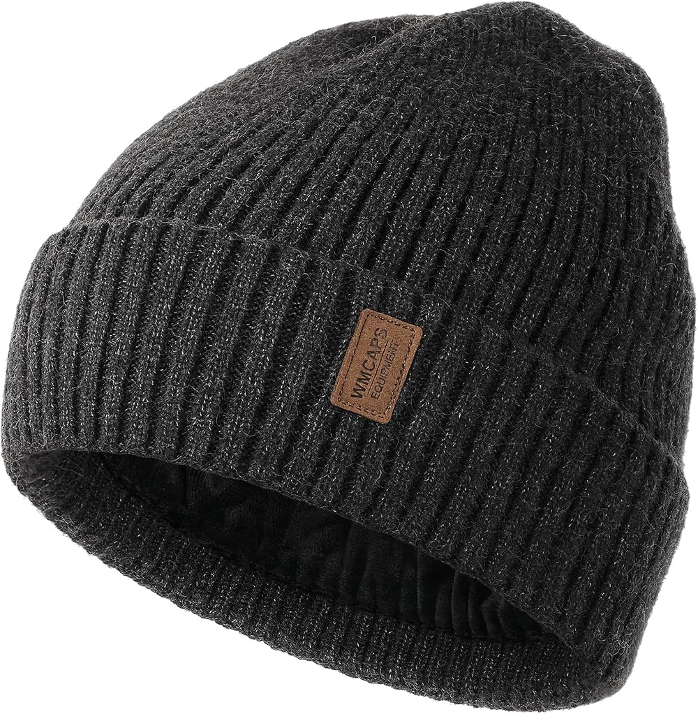Wmcaps Beanie Men Unisex Knit Winter Hat Thick Fleece Lining Dark Grey