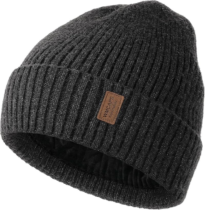 Wmcaps Beanie Men Unisex Knit Winter Hat Thick Fleece Lining Dark Grey