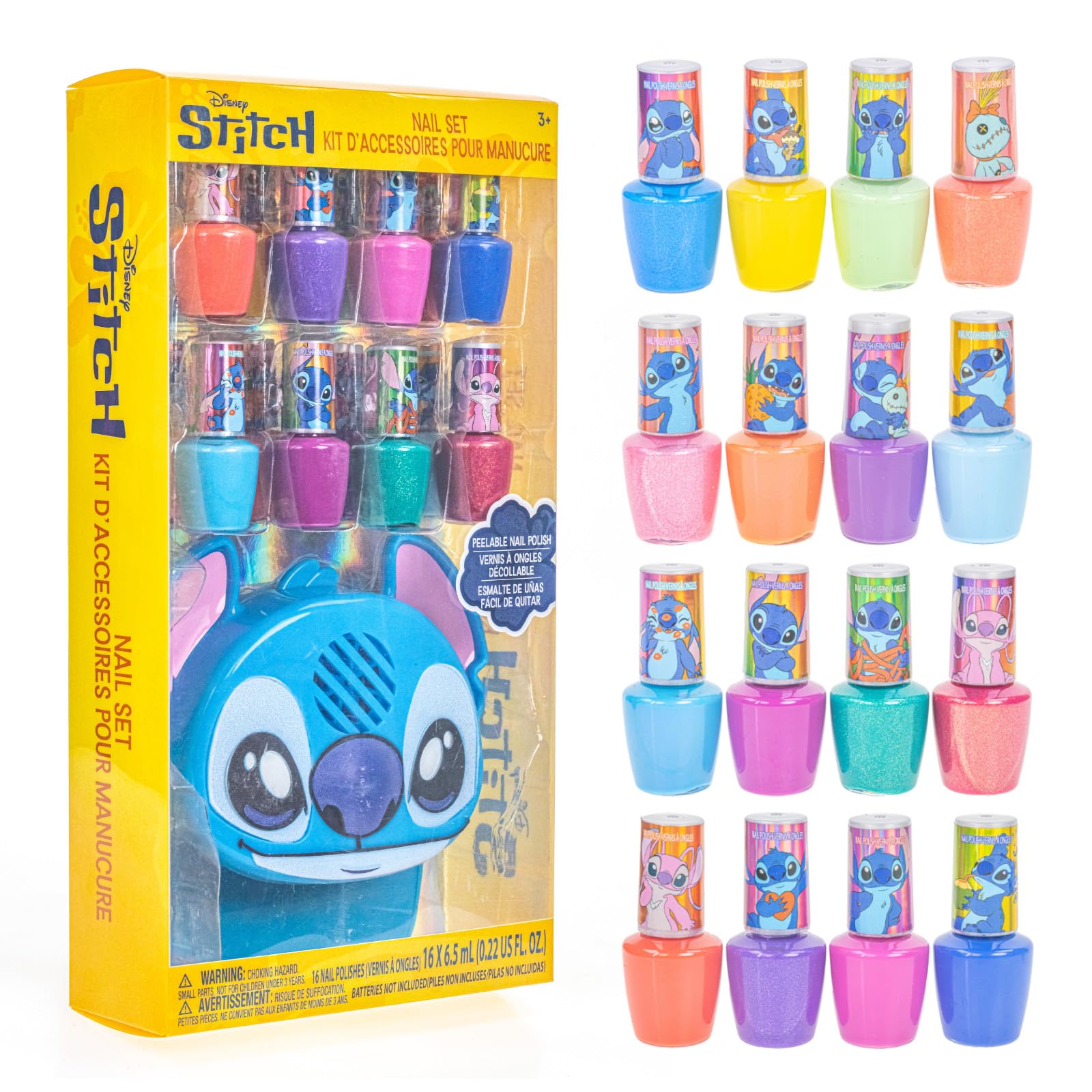 Stitch 16 Piece Water-Based Nail Polish with Nail Dryer Set, Peel-Off Nail Polish with Water, Shimmer and Opaques Colors, AA Batteries Not Included, Ages 3+, by Townley Girl