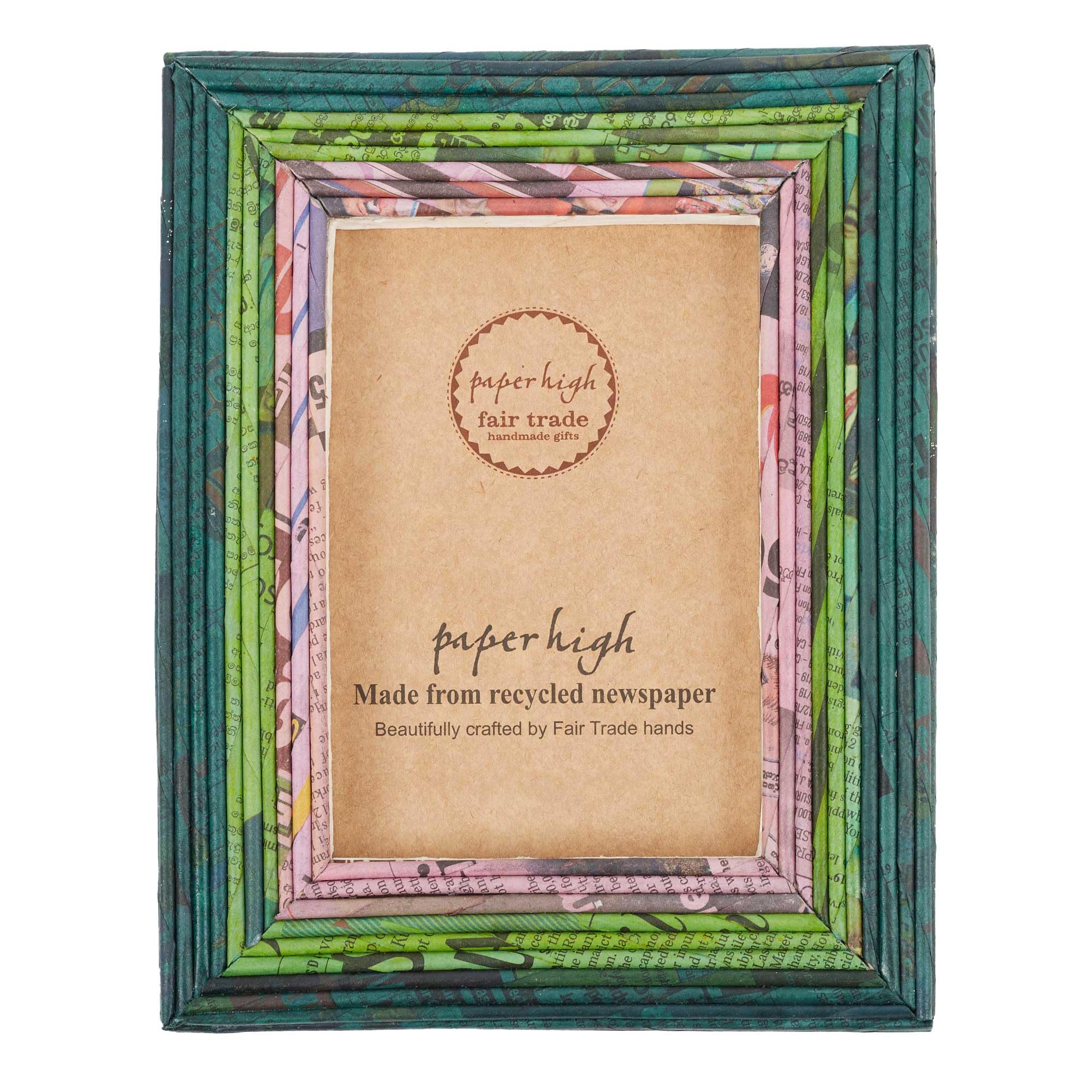 Recycled Newspaper Photo Frame | 6 x 4, 7 x 5 and 10 x 8 Inches | Sustainable Picture Frame | Handmade Colourful Frames | Fair Trade Gifts (Dark Green/Light Green/Lilac, To fit a 10x8 Photo)