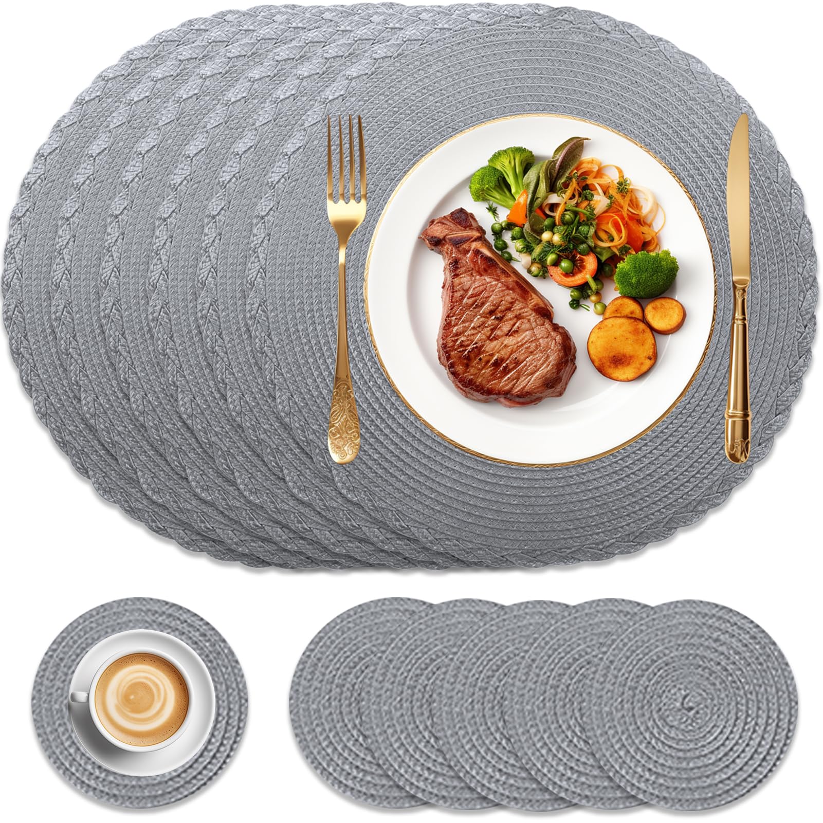 HEYOMART Round Placemats and Coasters Set of 6, Braided Woven Placemats Washable Heat Resistant Table Mats for Kitchen Dining Table Home Restaurant, Dark Grey