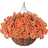 Artificial Faux Hanging Flowers Plants Basket for Outdoors, 12 Bundles UV Resistant Faux Outside Silk Morning Glory for Planter Realistic Artificial Flowers for Outdoor Porch Garden Patio, Orange