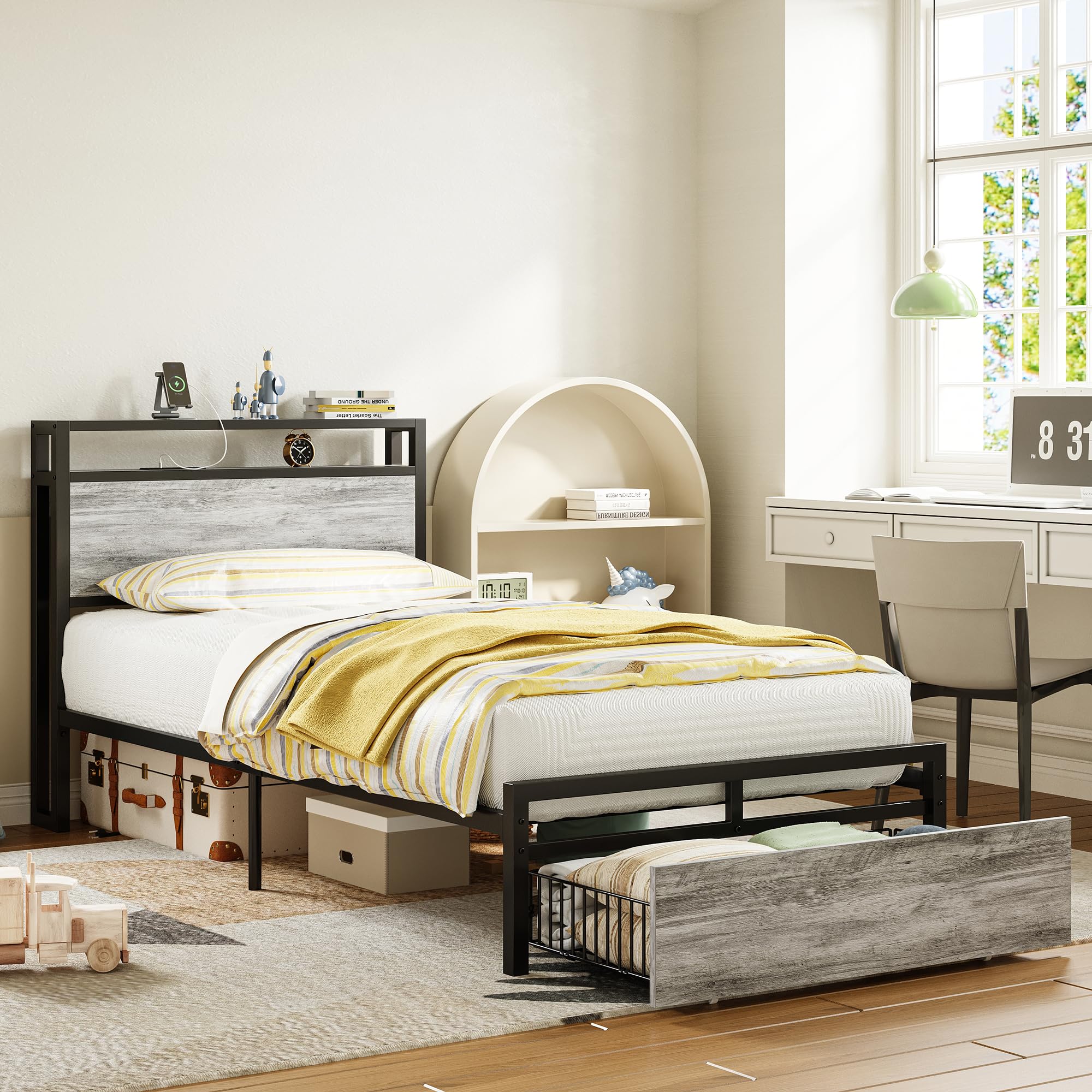 Photo 1 of ************INCOMPLETE ITEM, THIS IS ONLY BOX #2 OUT OF 2 TOTAL*****************
LIKIMIO Twin XL Bed Frames with Drawer, Storage Headboard with Outlets, No Box Spring Needed, Easy Assembly, Industrial Gray