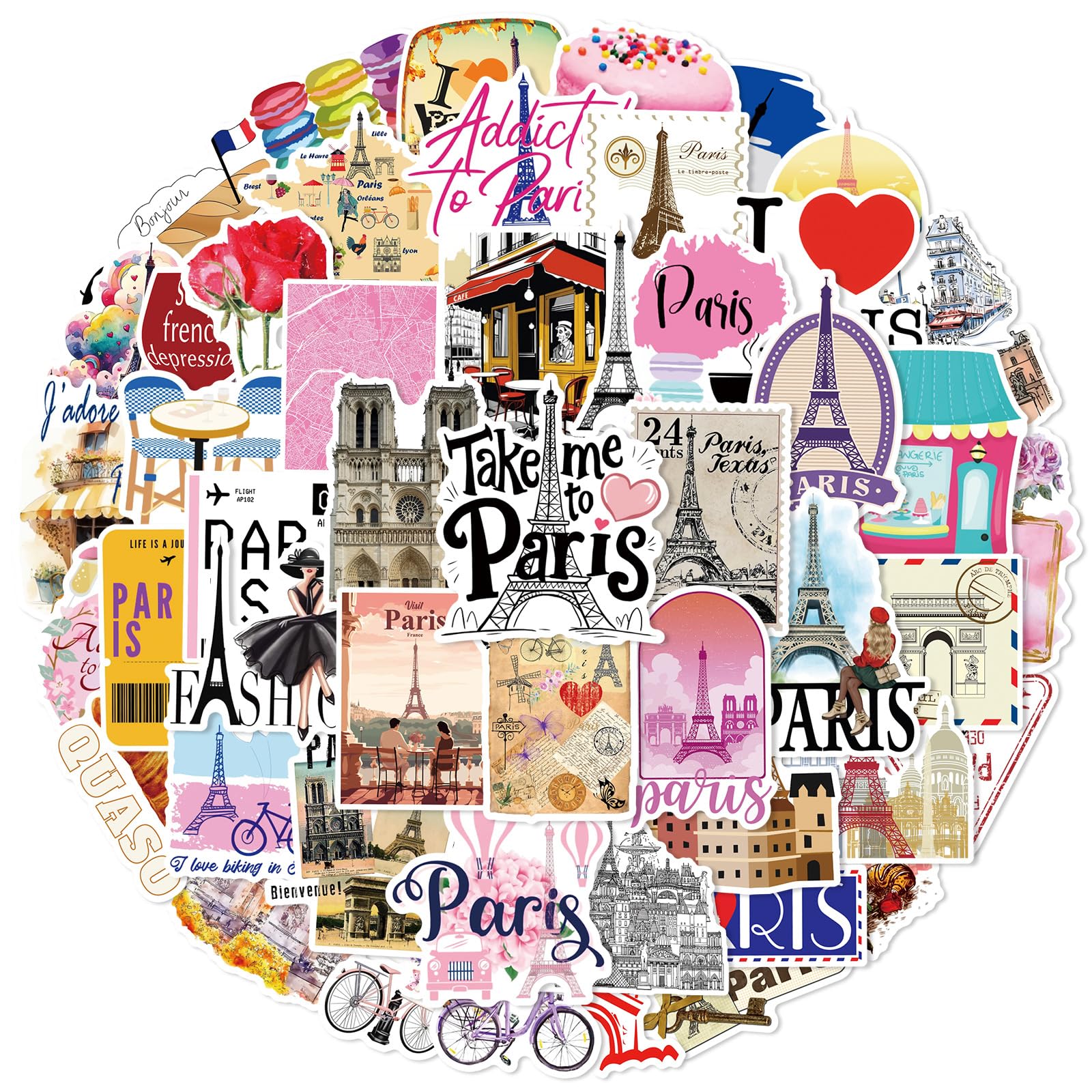 Paris Stickers for Laptop (50 PCS),Gift for Children Teens Adults Girl Boys,Waterproof Stickers for Water Bottle,Paris Stickers for Scrapbook,Skateboard,Bike,Phone,Dairy