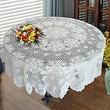 USTIDEHandmade Crochet Round Tablecloth 60-inch Beige Lace Table Overlays Floral Table Covers for Bedroom Kitchen Coffee Table Dining Table