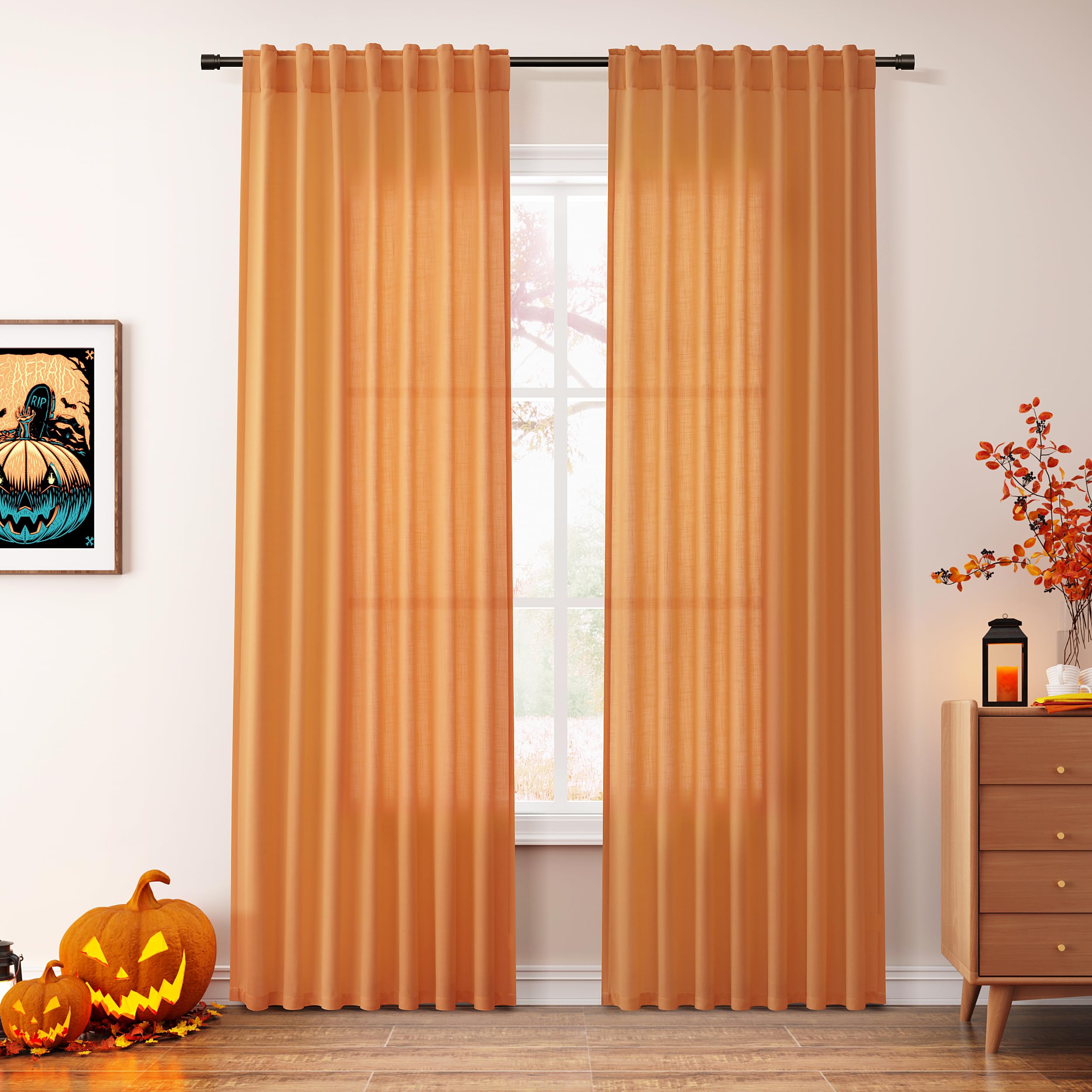 Photo 1 of Orange Linen Blend Drapes 84 Inch Length 2 Panels Set Back Tab Rod Pocket Light Filtering Privacy Semi Sheer Textured Curtains Neutral Farmhouse Decor Curtains for Living Room Bedroom 52x84