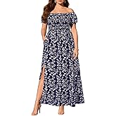 Plus Size Summer Dresses - Boho Casual Off Shoulder Floral Long Maxi Dress with Pockets