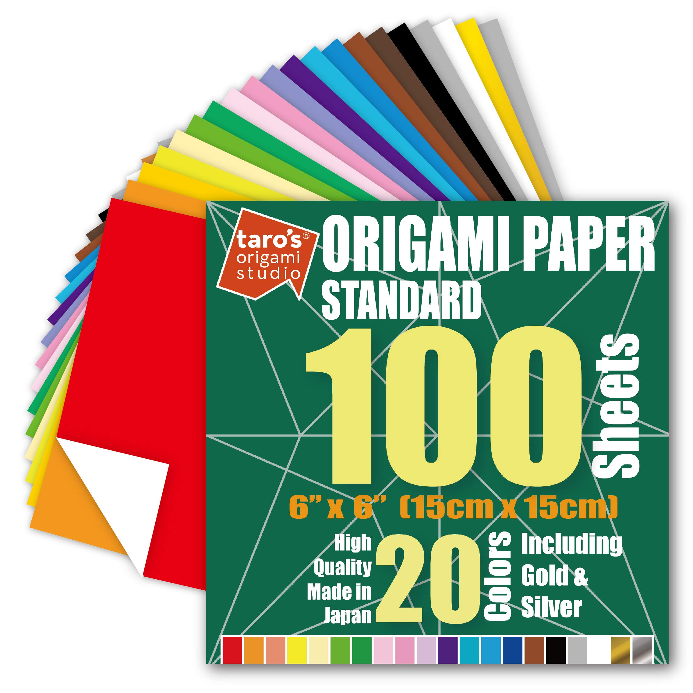[Taro's Origami Studio] Standard 6 Inch One Sided 20 Colors 100 Sheets Square Easy Fold Premium Japanese Paper for Beginner (Gold and Silver Included) Made in Japan