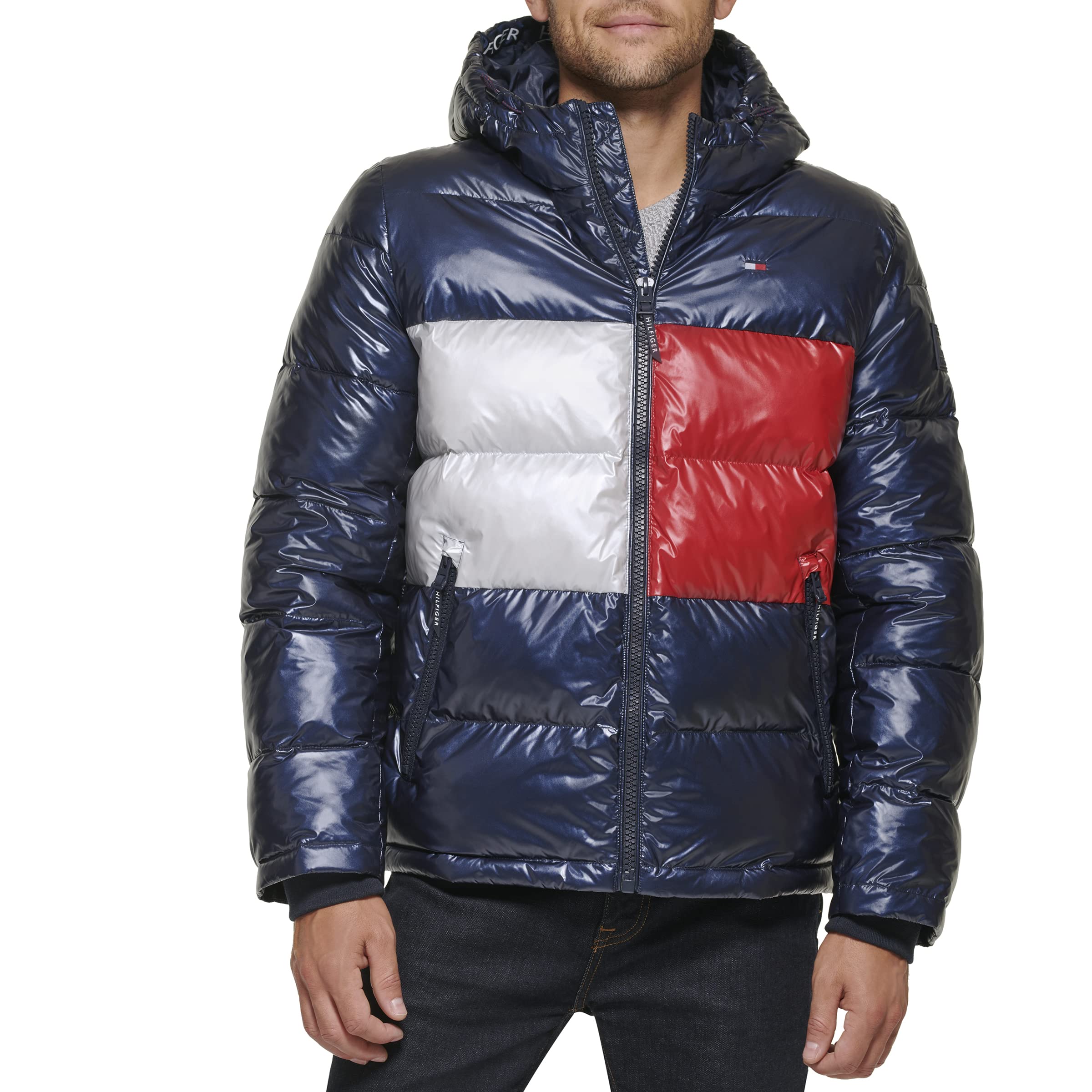 Tommy Hilfiger Men's Hooded Puffer Jacket, Pearlized Navy Tommy Flag, XX-Large Image