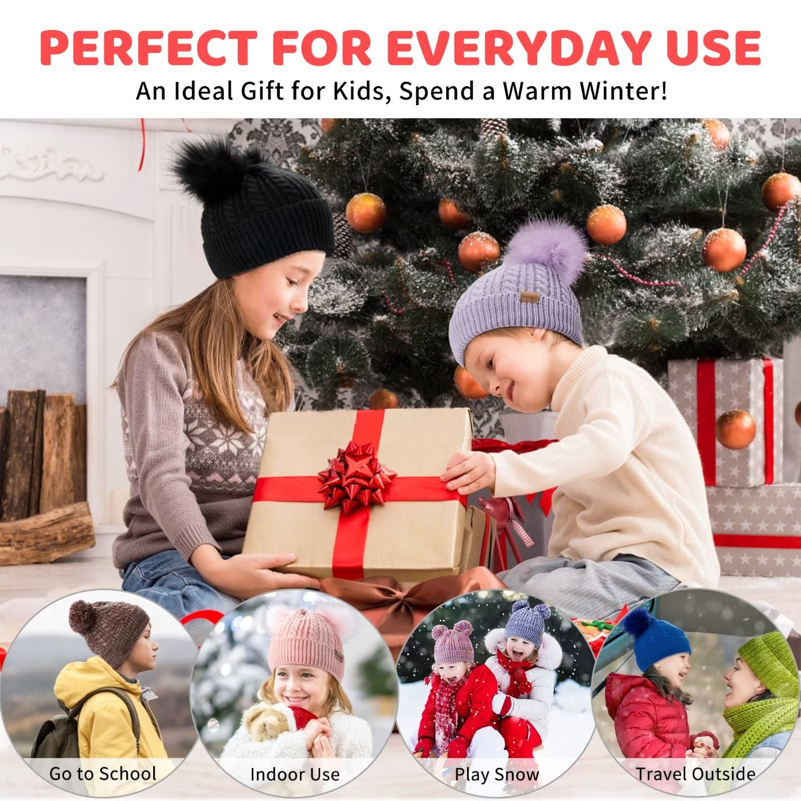 HAITHO Winter Hat for Kids Toddler Children, Girls Beanie with Double Pom Pom Warm Fleece Lined, Girls Accessories Knit Cap