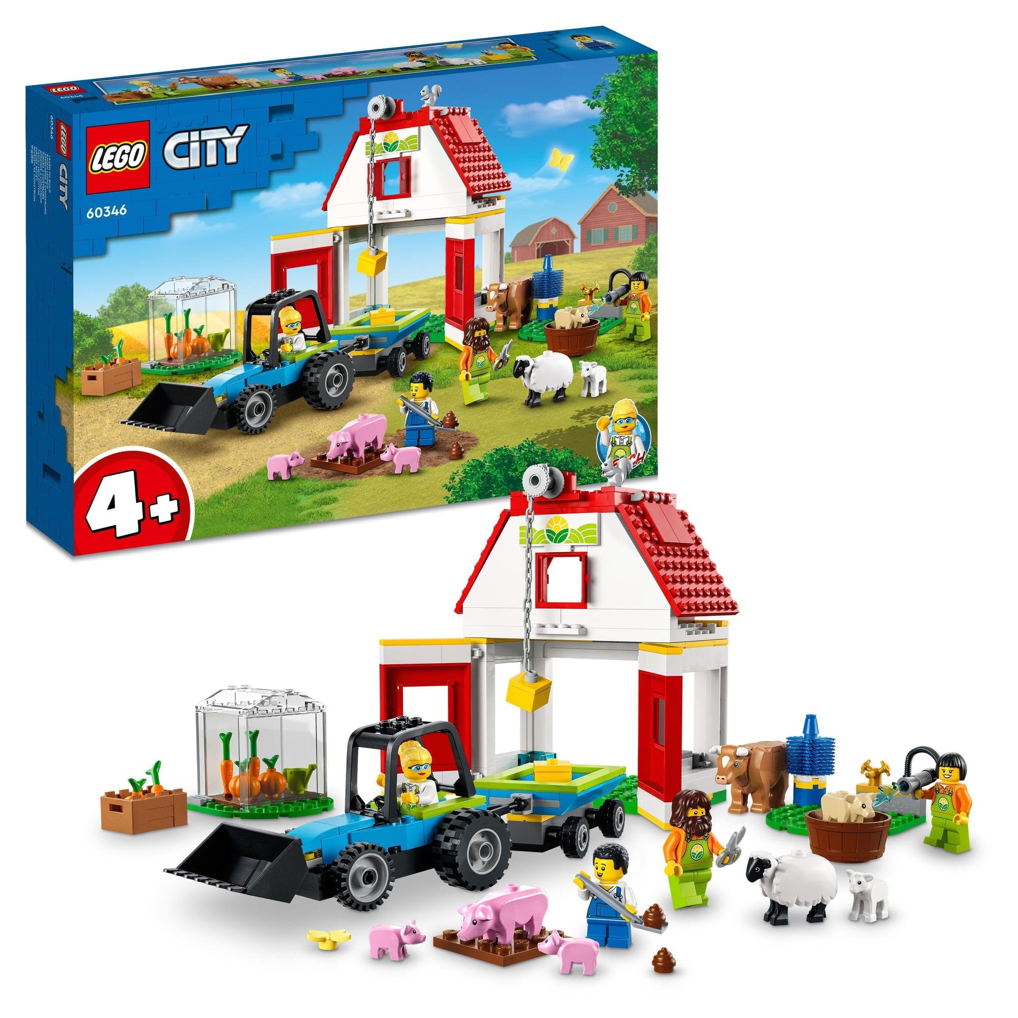 LEGO 60346 City Barn & Farm Animals Toys, Playset with Tractor and Trailer, Sheep, Cow and Pig plus Babies Figures, Learning Toys for Kids, Boys & Girls Age 4 Plus