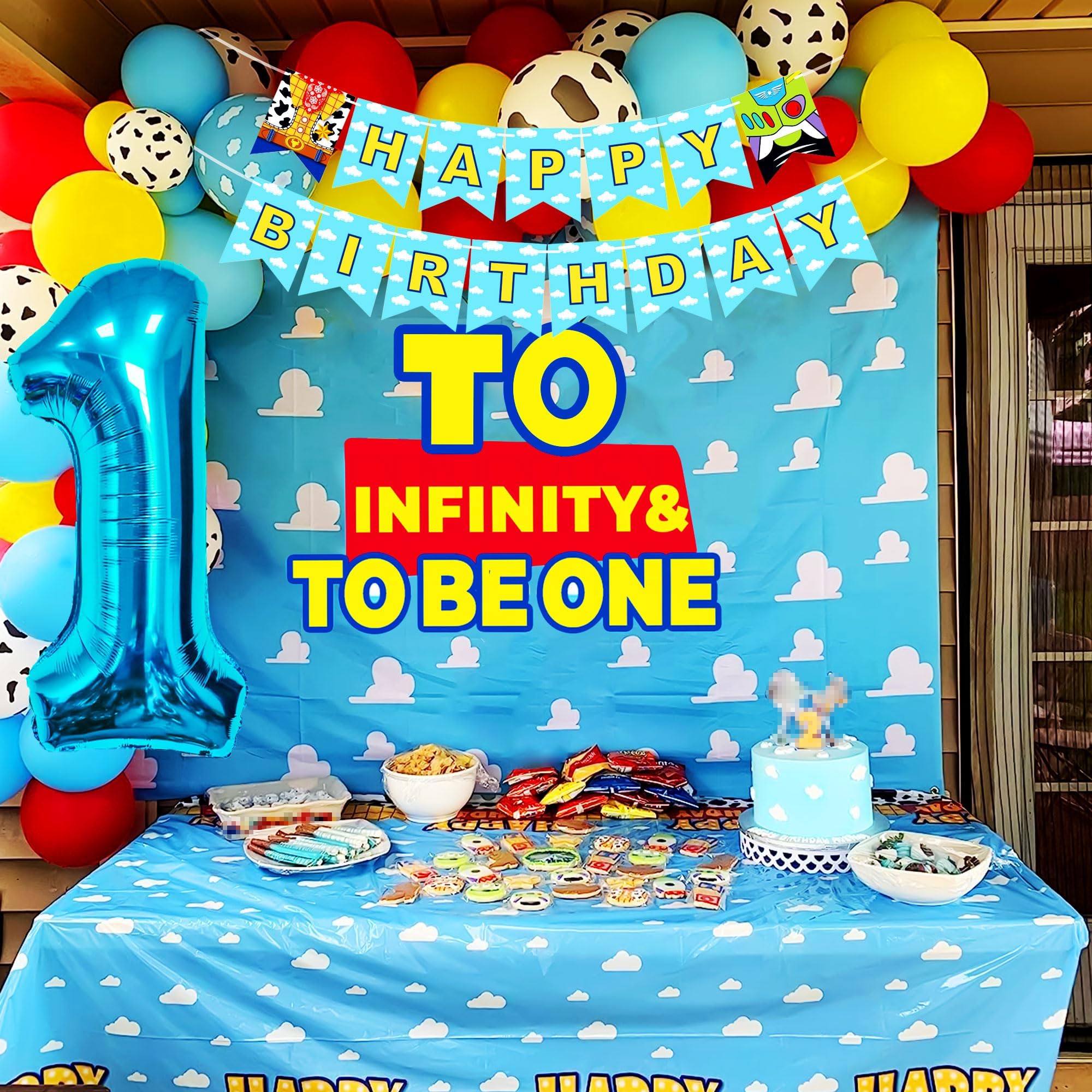 Photo 1 of LaVenty To Infinity and To Be One Birthday Decorations Cartoon Story First Birthday Balloon Garland Arch Backdrop Banner Cake Topper for Boy 1st Birthday Party Party