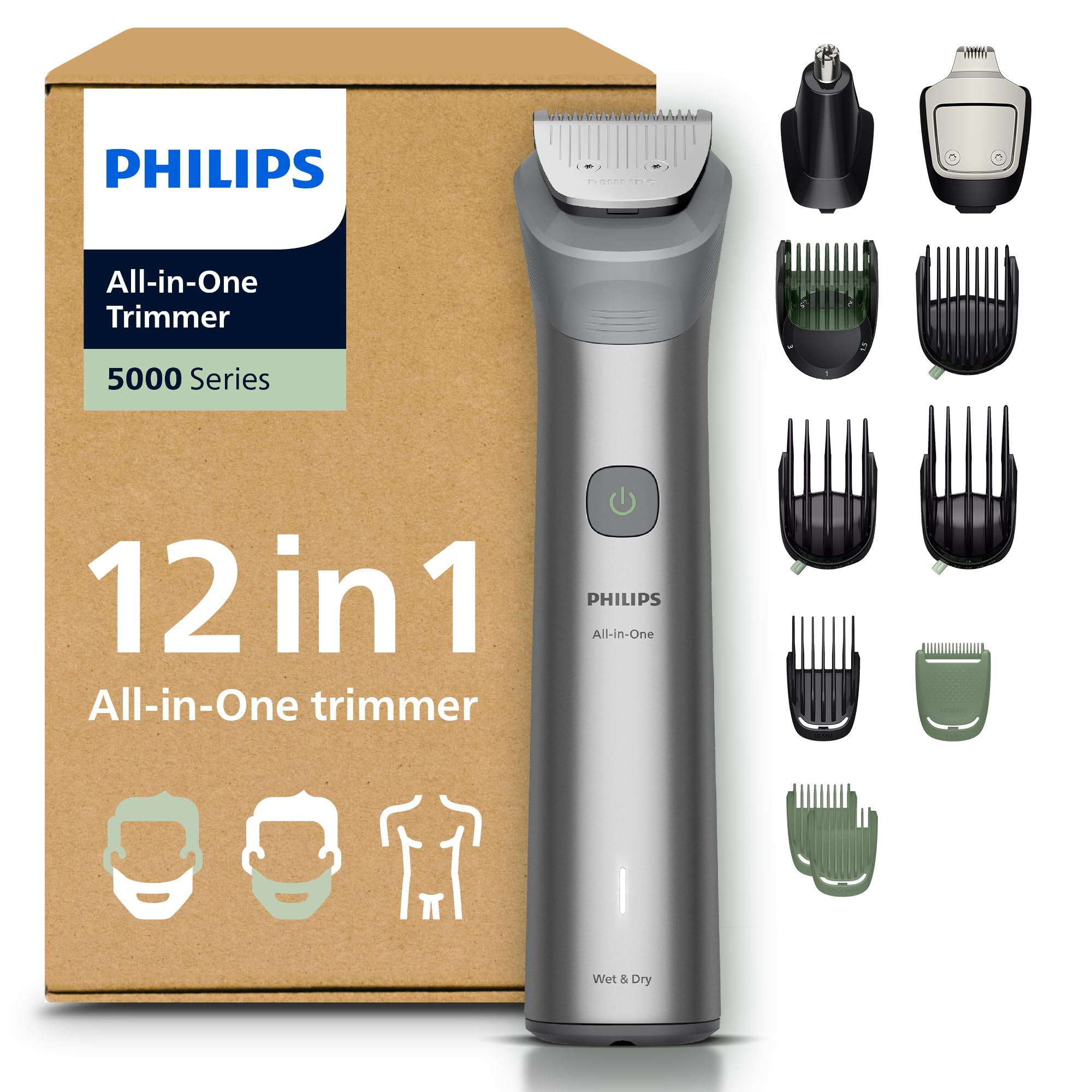 Philips Multigroom série 5000 Tondeuse tout-en-un 12 accessoires – tondeuse pour barbe, cheveux et corps, lames en métal auto-affûtées, 20 hauteurs de coupe (0,5-20 mm), modèle MG5952/30
