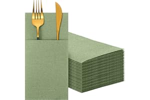 Cindeer 75 Pcs Sage Green Linen Dinner Feel Napkins with Built in Flatware Pocket Prefolded Paper Disposable Airlaid Guest Ha