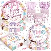 120PCS Two Sweet Birthday Party Supplies Two Sweet Donut Ice Cream Decorations for Baby Girl 2nd Second Birthday Tableware Set Plates Napkins Cups Set for 20 Guests