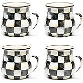 MACKENZIE-CHILDS Enamel Mug, Cute Enamelware Coffee and Tea Mug, Unique Drinkware, 16 Ounces, Black-and-White Courtly Check, Set of 4