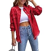 Oulivey Womens Ripped Distressed Denim Jacket Tops Oversized Casual Long Sleeve Basic Jean Jacket Coats