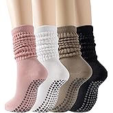 Holaraon 4 Pairs Pilates Grip Socks for Women, Long Non Slip Yoga Sock Calf Socks, Cotton Knee High Scrunch Grippy Socks