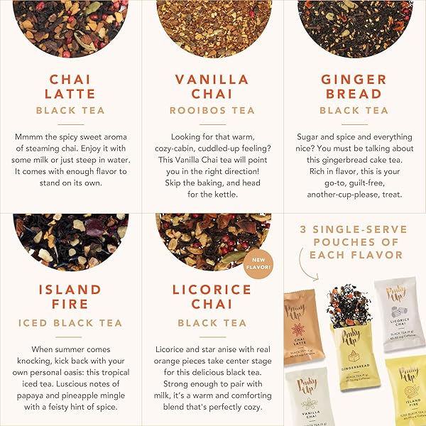 PINKY UP CHAI TEA GIFT SAMPLER, VARIETY TEA PACKETS OF FLAVORED TEA, LOOSE LEAF TEA SAMPLER, CAFFEINATED TEA AND NON-CAFFEINATED TEA INDIVIDUAL PACKETS