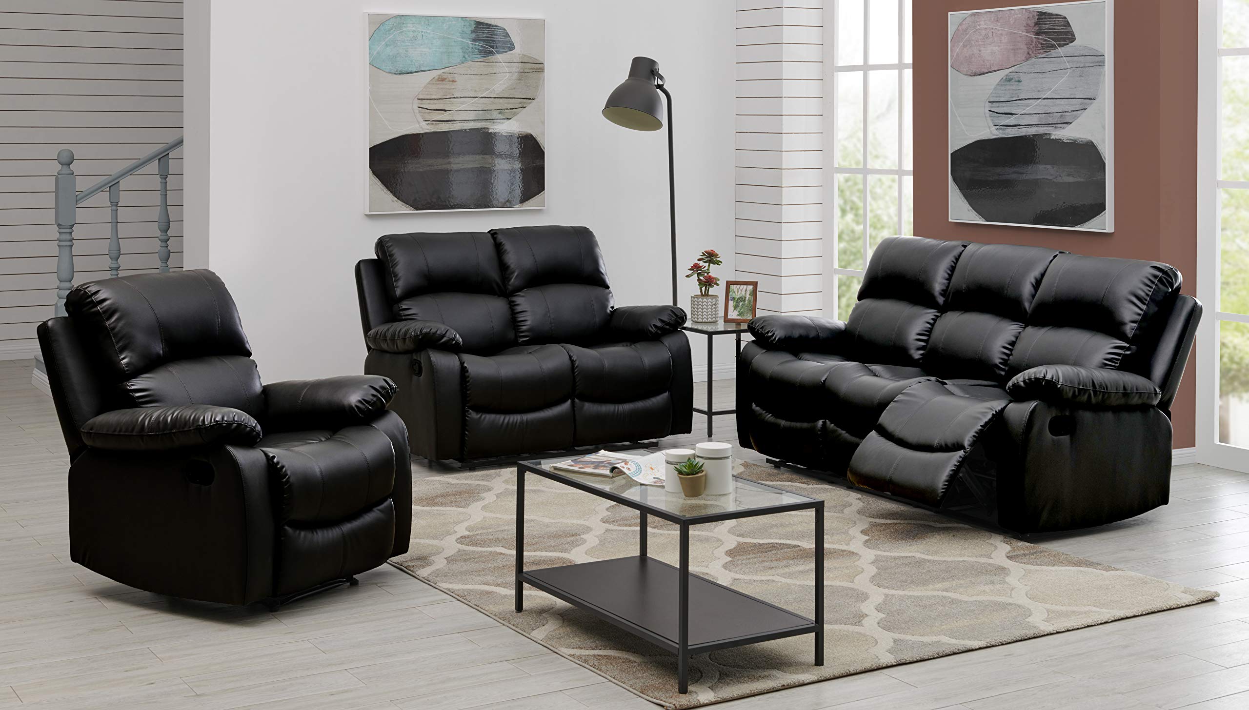 Buy Bravich LUXURY Black Bonded Leather Manual Recliner Sofa Settee