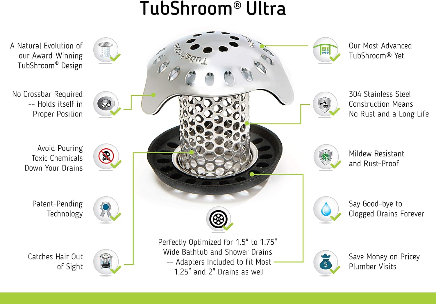 TubShroom Ultra Revolutionary Bath Tub Drain Protector Hair Catcher/Strainer/Snare, Stainless Steel: Home & Kitchen