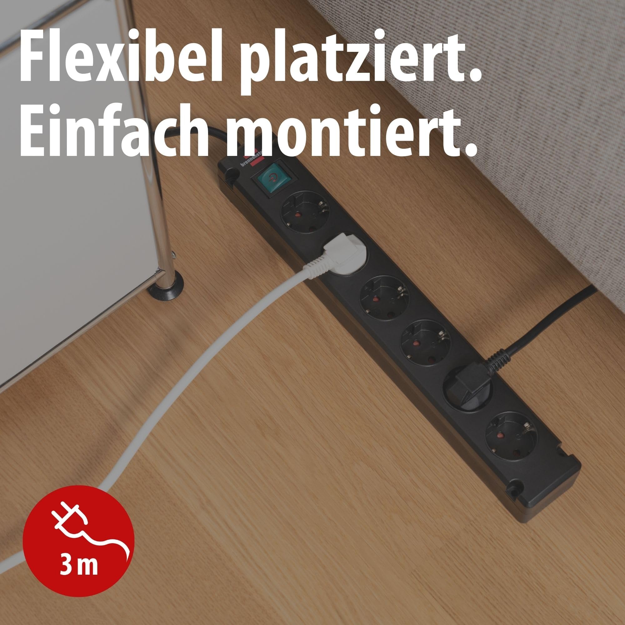 Brennenstuhl Bremounta Steckdosenleiste 6-Fach mit Schalter (Mehrfachsteckdose mit 90 Grad Steckdosen, Steckerleiste mit Befestigungsmöglichkeit und 3m Kabel) schwarz 2
