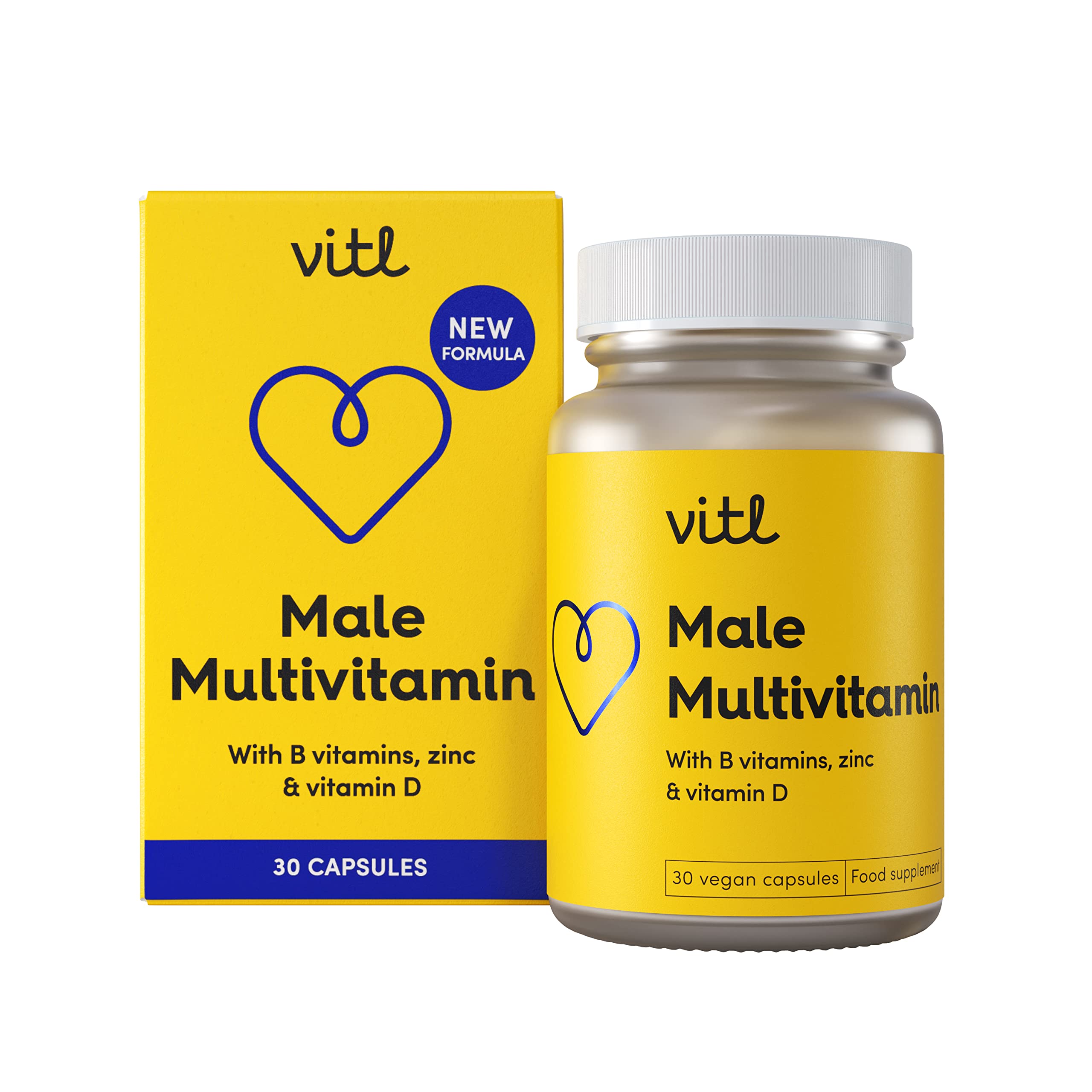 Vitl Male Multivitamin & Minerals Supplement - 30 Vegan Capsules - 20 Essential Nutrients Including B Vitamins, Zinc, Vitamin D & Plant Extracts - Support Overall Male Wellbeing - 1 Month Supply