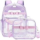 Clear Backpack for Girls and Boys 2PCS Heavy Duty Bookbag Stadium Approved Daypack Transparent School Bag See Through Backpacks for Kids Elementary,Students,College,Teens,Concert,Sports Purple set