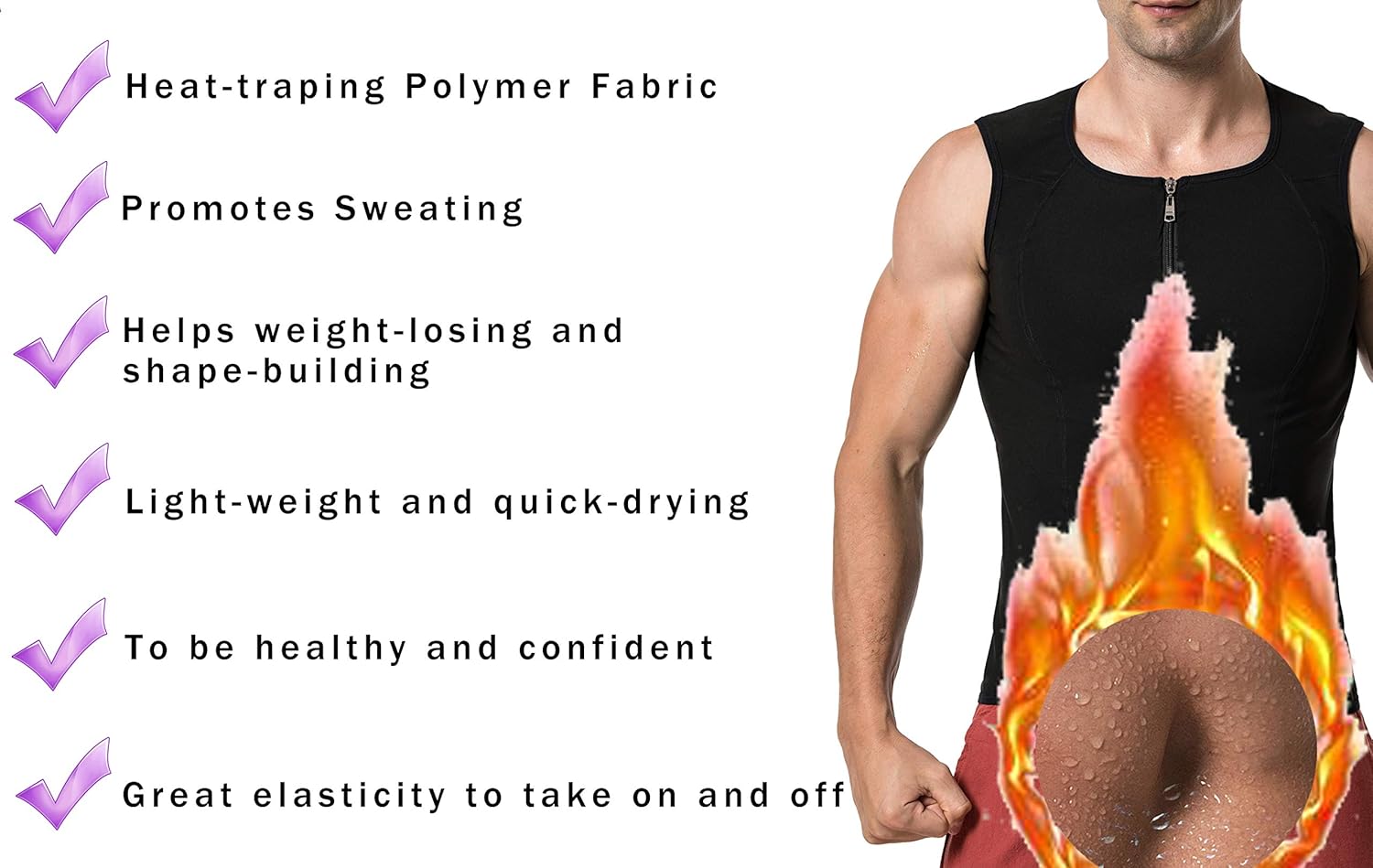 MOLLDAN Mens Polymer Sauna Vest Sweat Slimming Tank Top with Zipper: Clothing