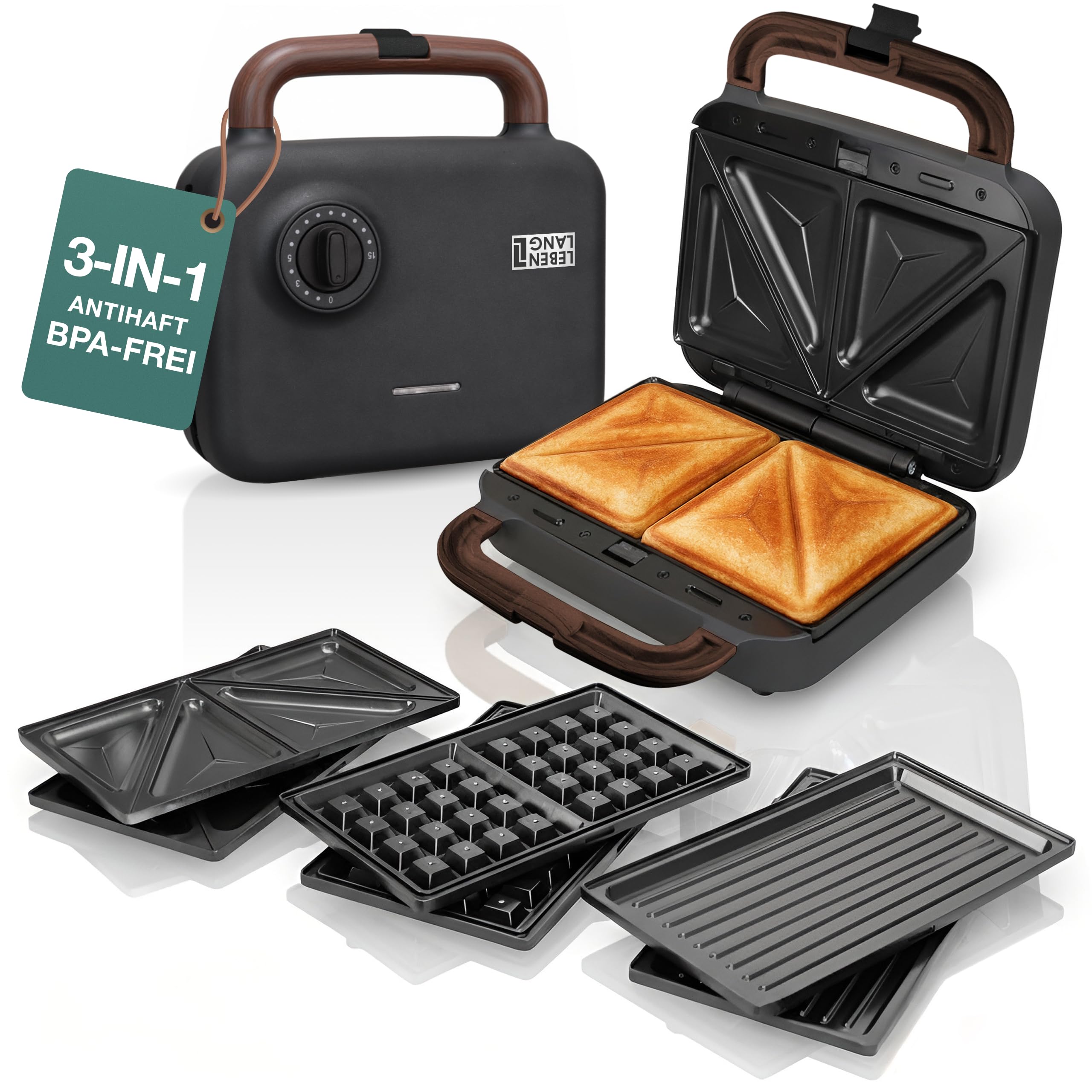 LEBENLANG Sandwichmaker 3 in 1-850W Inkl. 3 Einsätze für Grill, Sandwich & Waffeln I Waffel Sandwich Maker 3in1 Waffeleisen mit wechselplatten Sandwichmaker Waffeleisen Toaster Waffeln Kombigerät