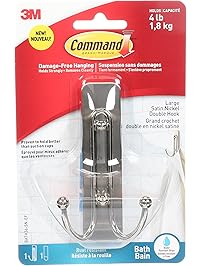 Command Large Double Bath Hook, Satin Nickel, 1-Hook, 1-Large Water-Resistant Strip