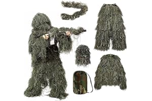 LLNTOU Ghillie Suit 5 in 1, Ghillie Suit for Men/Kids/Women, 3D Camouflage Hunting Apparel Including Jacket, Pants, Hood, Carry Bag, Gift for Hunter, Halloween Costumes