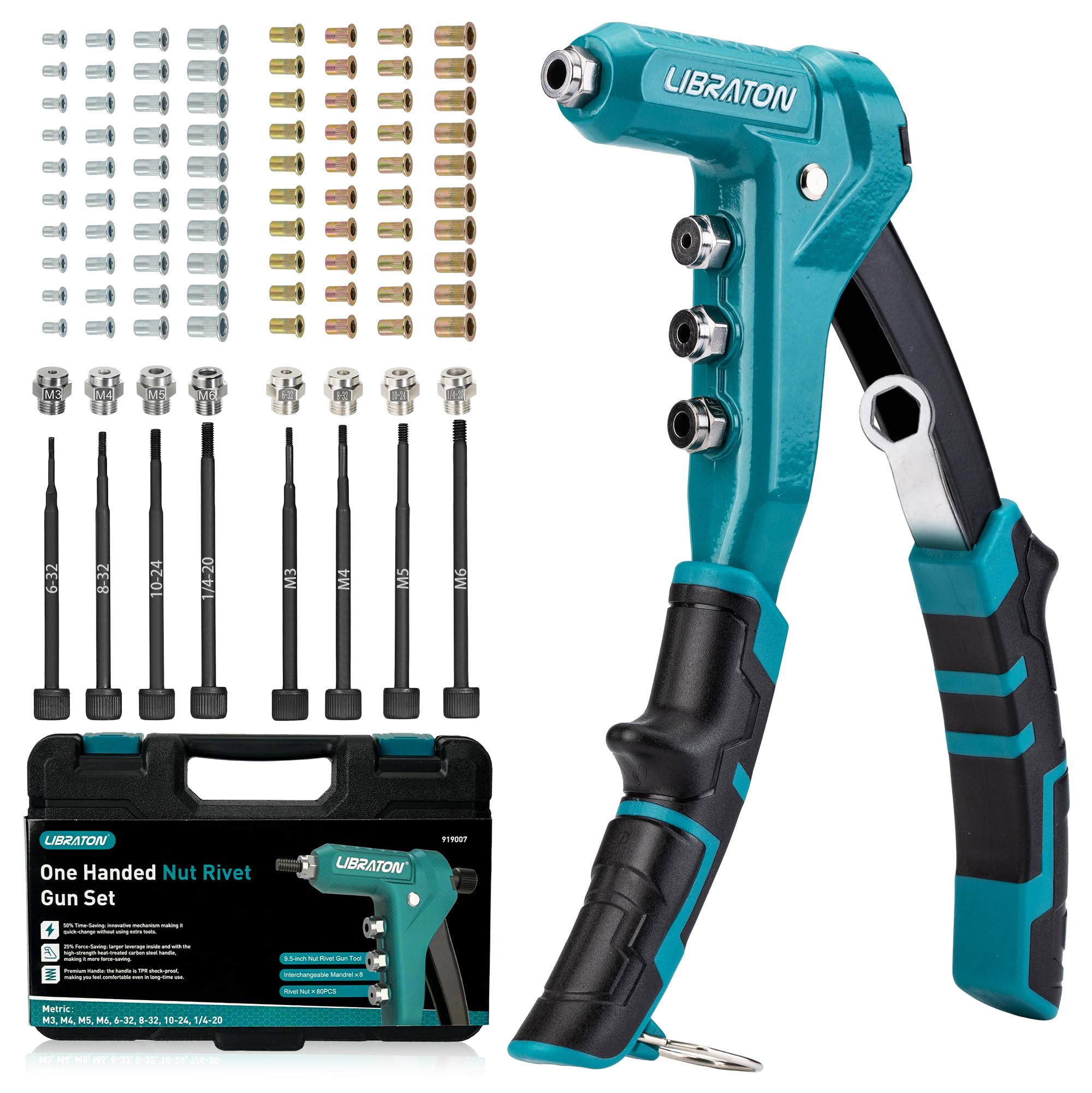 Photo 1 of LIBRATON 9.5" Rivet Nut Tool, One-Handed Rivet Nut Gun, Hand Rivet Nut Tool Kit with 80PCS Threaded Rivet Nuts, 8PCS Interchangeable Mandrels, Metric M3-M6, SAE 6-32" to 1/4-20", with Carrying Case