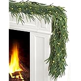 JOJOLEE 9FT Artificial Norfolk Pine Garlands, Pre-Lit Christmas Garland with Timer Lights 8 Modes, Battery Powered Evergreen Garland, Natural Hanging Greenery for Fireplace Mantle Stair Decor
