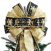 Large Christmas Tree Topper Bow 52x13 Inch, Pre-Tied Wired Ribbon Wreath Bows, Xmas Ornaments with Long Wired Edge Streamer for Holiday Thanksgiving Indoor Outdoor Party Decoration (Black Gold)