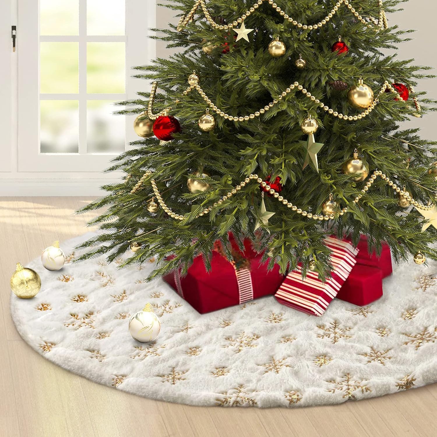 Christmas Tree Skirt 122 cm, White Christmas Tree Blanket for Snow, Christmas Tree Decoration, Christmas Tree Blanket with Snowflake Sequins, Carpet, Round for Merry Christmas Party, Blanket, Skirt