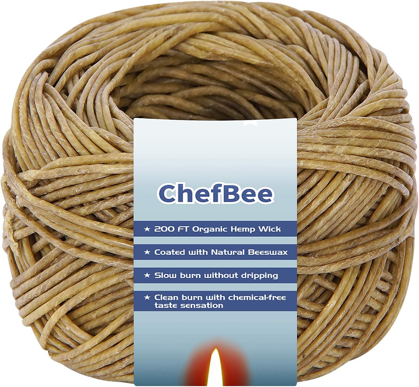 CHEFBEE 200FT Hemp Wick, 100% Organic Spool Hemp Wick with Natural Beeswax for Your Hemp Wick Lighter or Candle Making, Slow Burn, No Dripping, Standard Size(1.1mm)