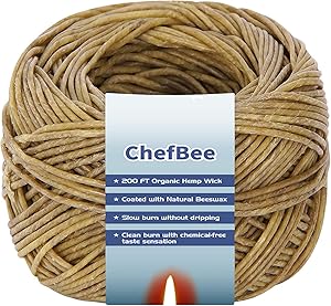 CHEFBEE 200FT Hemp Wick, 100% Organic Spool Hemp Wick with Natural Beeswax for Your Hemp Wick Lighter or Candle Making, Slow Burn, No Dripping, Standard Size(1.1mm)