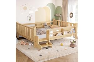 Floor Bed with Storage Bookcases, Solid Wood Kids Floor Bed with Cute Stairs and Guardrails, No Box Spring Needed (Natural, F