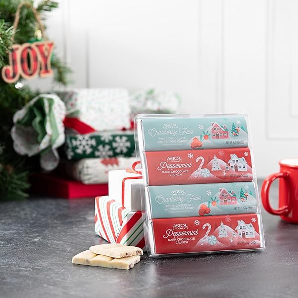 ASTOR CHOCOLATE HOLIDAY 4 BAR GIFT PACK | ASSORTED CHRISTMAS DARK CHOCOLATE PEPPERMINT CRUNCH AND WHITE CHOCOLATE CRANBERRY FIZZ POPPING CANDY SNACK BOX SET | HOLIDAY GIFTS FOR ADULTS MEN WOMEN KIDS | GOURMET BELGIAN CHOCOLATE HOLIDAY 2024 BASKET