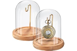 Btohrt 2 Pcs Pocket Watch Glass Display with Hooks Dome Cloche with Brown Wood Base Decorative Glass Display Dome Showcase for Watch Plants Medals Photos Collectibles Dark MDF Base(3.9" X 4.5",Gold Hook)