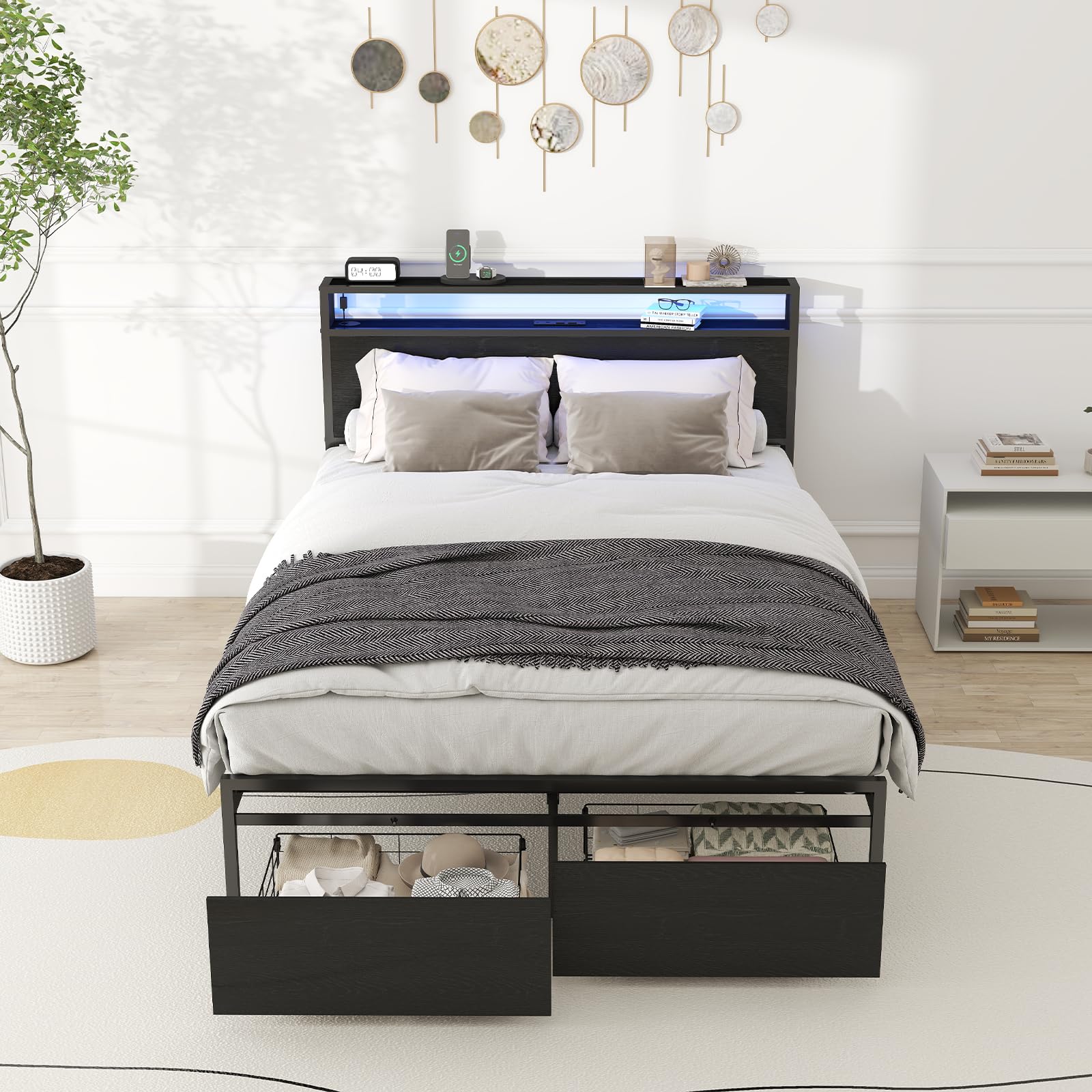 Photo 1 of Zevemomo Full Bed Frame with 2 Storage Drawers, Bed Frame Full Size with Headboard, LED Light, Charging Station with 2 USB Ports & 2 AC Ports, Noiseless, Black