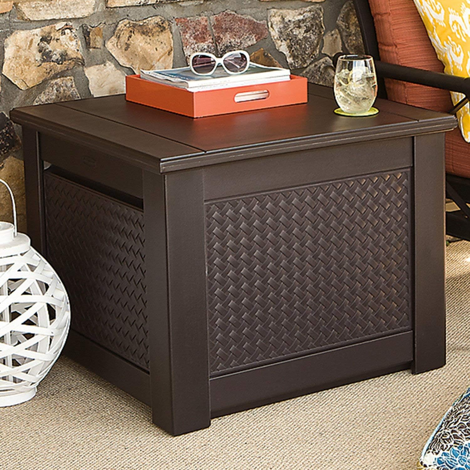 Rubbermaid Decorative Patio Chic Weather Resistant Outdoor Storage Deck Box Cube, Dark Teak : Deck Boxes : Garden & Outdoor
