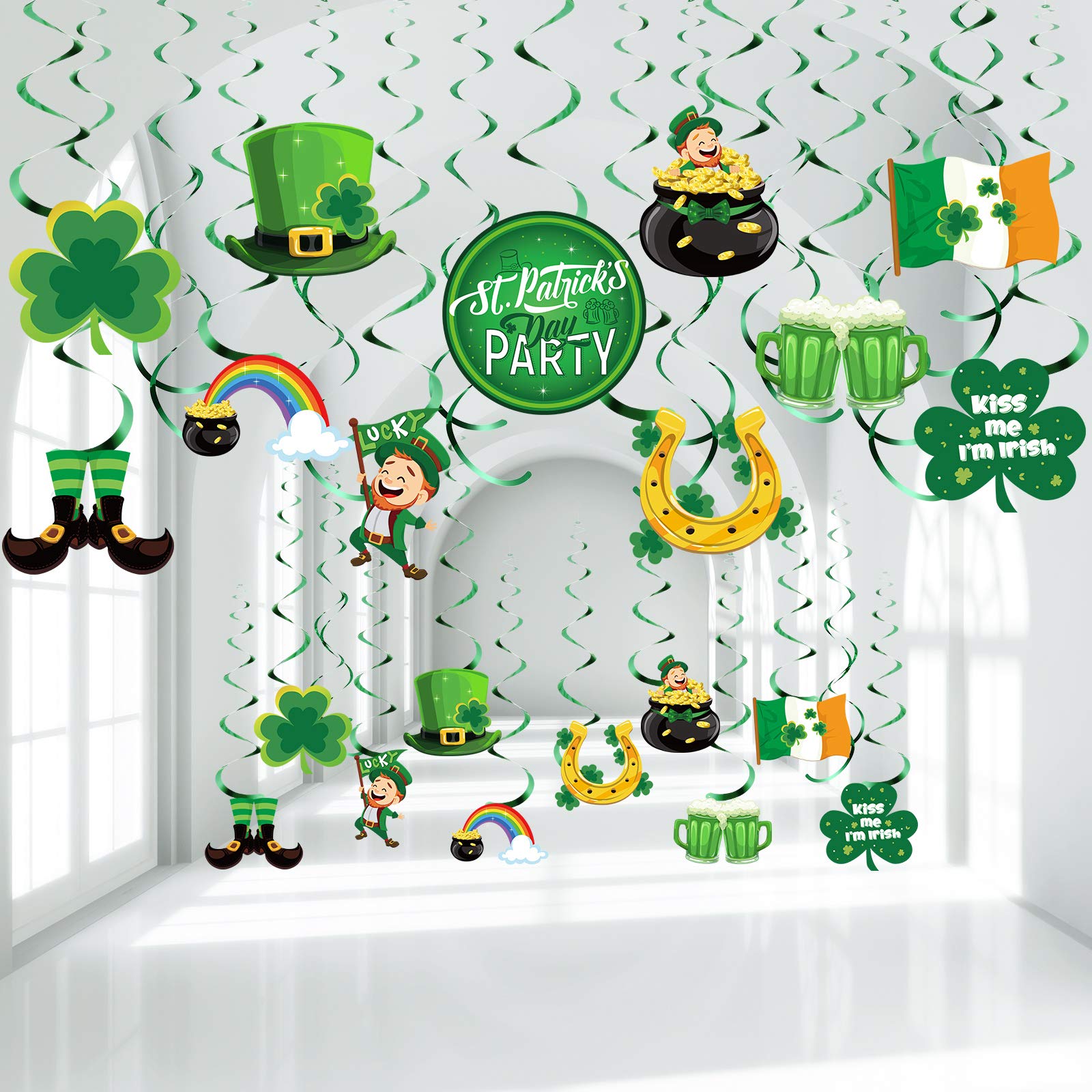 30 Pieces St. Patrick's Day Hanging Decorations Green Lucky Irish Shamrock Clover Leprechaun Horseshoe Sign Foil Swirls Ceiling Decor for Saint Patrick Party Lucky Day Home Party Favors Supplies