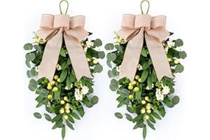 2 PCS 22" Artificial Green Eucalyptus Teardrop Swag for Front Door Greenery Swag Spring Summer Olive Kitchen Cabinet Wreath w