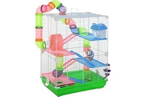 PawHut 18" 5 Tier Hamster Cage with Tubes and Tunnels, Small Animal Cage with Portable Carry Handle, Gerbil Cage with Water Bottle, Food Dish, Exercise Wheel