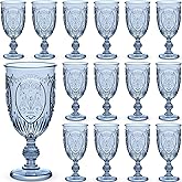 Wiwiqing 24 Pcs Plastic Goblets 7.5oz Vintage Goblet Plastic Wine Glasses Colored Retro Embossed Water Goblets for Wine Bar Juice Baby Shower Wedding Reception Grand Event Party (Blue)