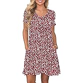 PLOKNRD Women's Casual Dress T-Shirt Summer Short Sleeve V Neck Chest Pleats Swing Dresses with Pockets 2025